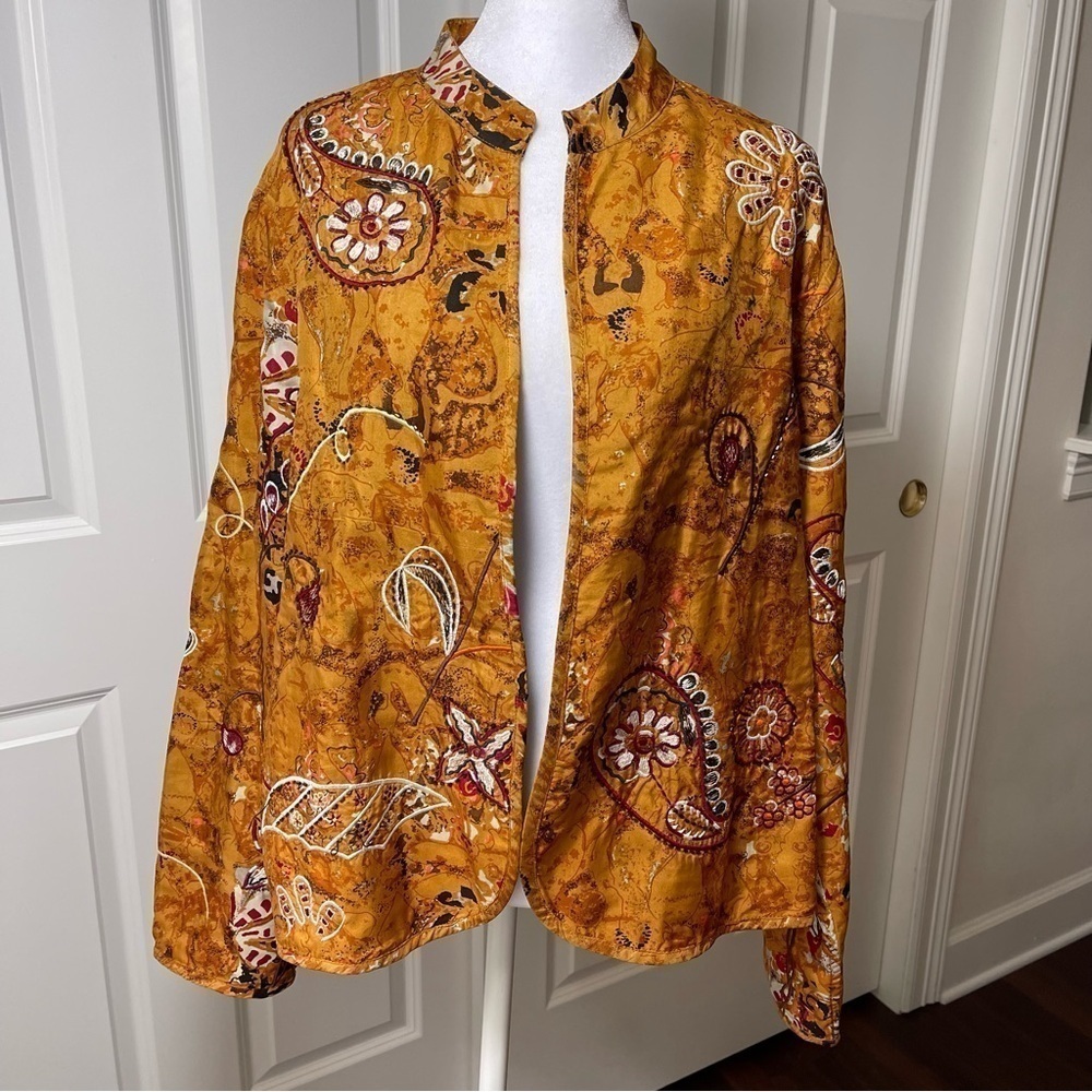 Anu by Natural Silk Embroidered Beaded Open Jacket Mandarin Neckline Large - Picture 16 of 16